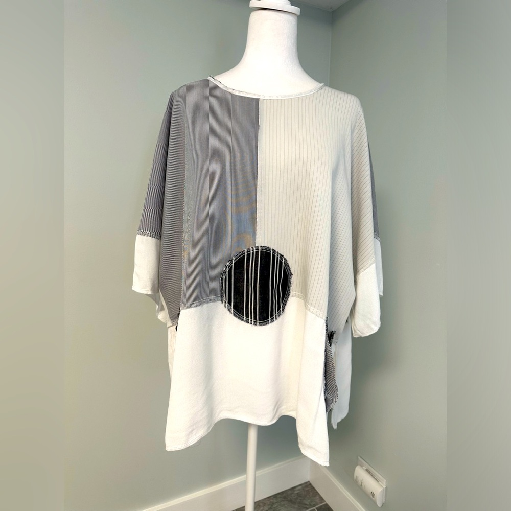 AUG 27 AM Artsie Lagenlook Art to Wear Patchwork Tunic Top Boho Coastal Grandmma